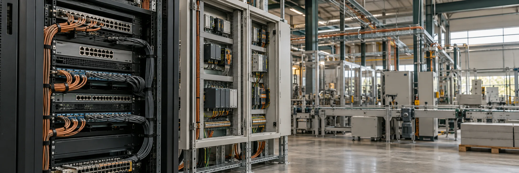 Illustrative network rack with organised cabling beside industrial control cabinets and a manufacturing floor.